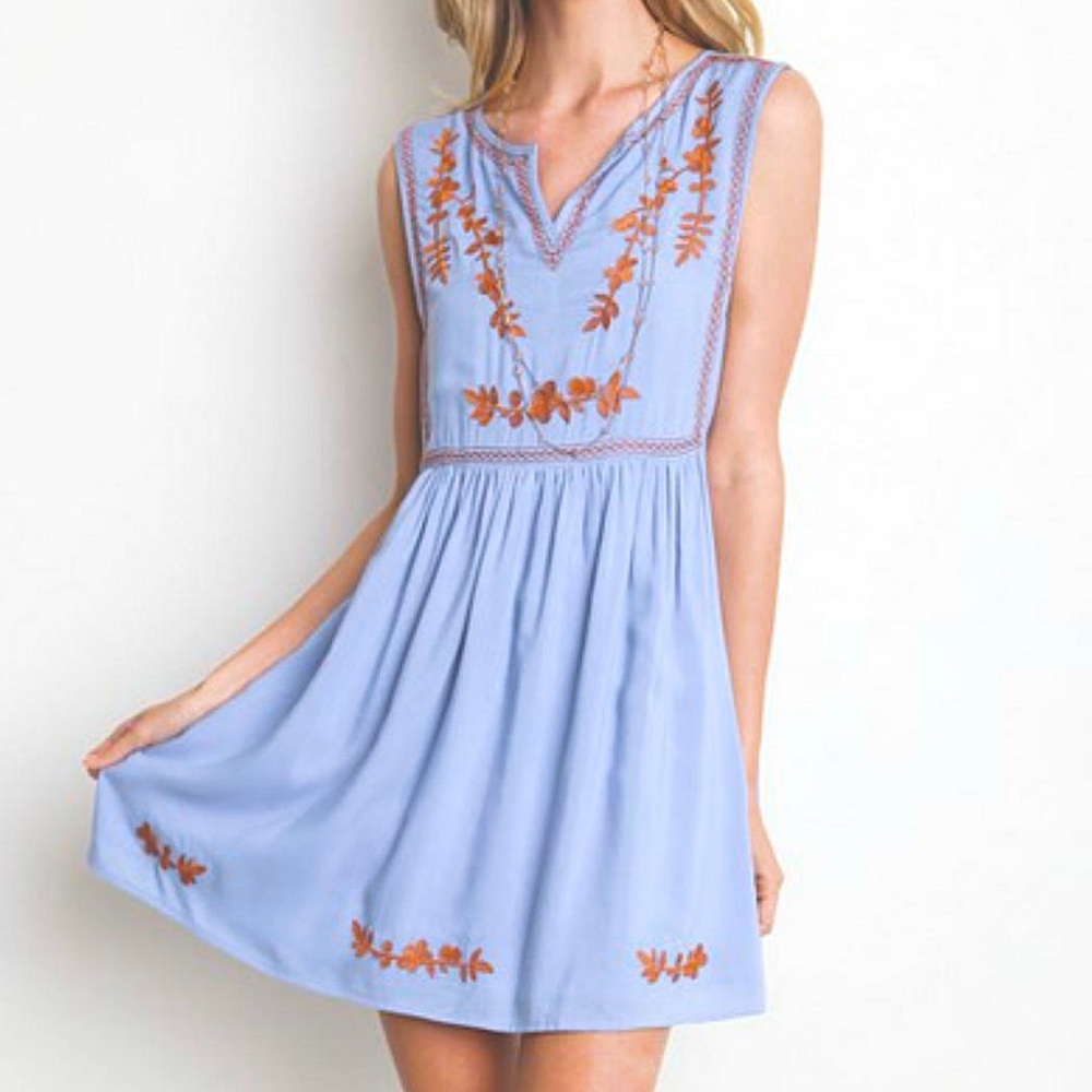 Umgee USA Blue Sleeveless Dress with Orange Floral Embroidery | Size Med…